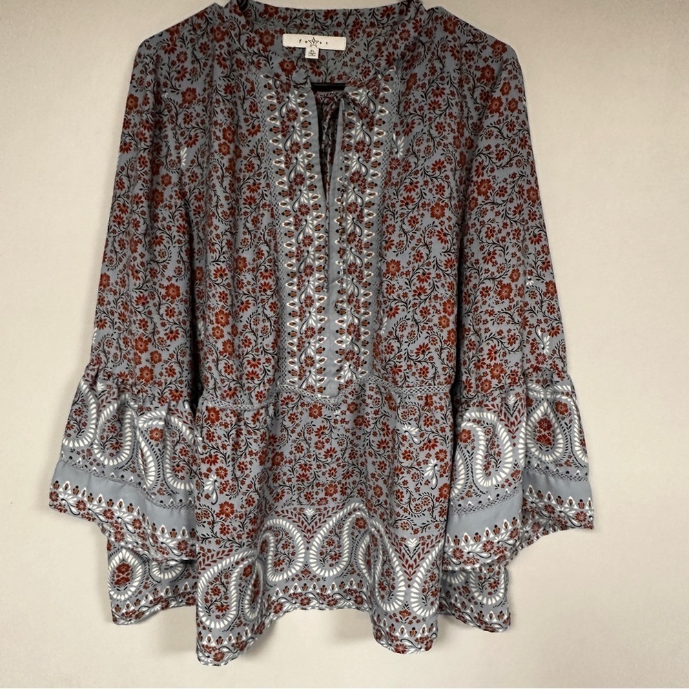 Fever Paisley Print Boho Peasant Slate Blue & Rust Bell Sleeve Blouse Size XL